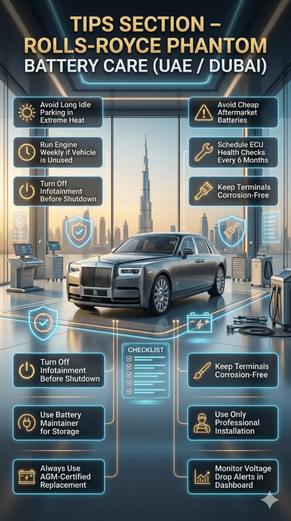 Luxury infographic showing Rolls-Royce Phantom battery care tips including heat protection, AGM usage, ECU checks, and professional maintenance in Dubai.