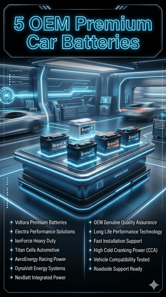 OEM Premium Car Battery Brands Infographic showing five OEM premium car battery brands including Amaron, Bosch, Exide, Panasonic, FIAMM, AC Delco, and Tuflong with futuristic automotive styling and service features.