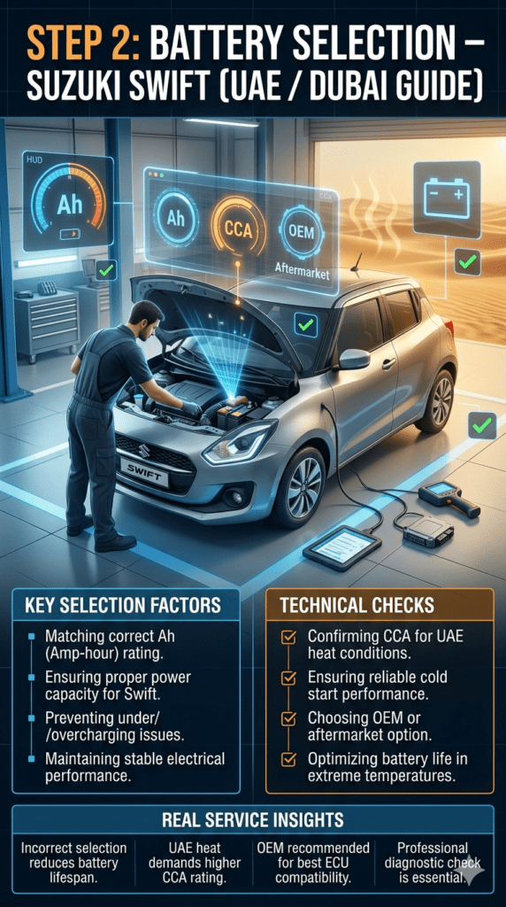 Suzuki Swift battery selection infographic showing Ah rating matching, CCA confirmation for UAE heat, and OEM or aftermarket battery choice in a modern automotive workshop diagnostic environment.