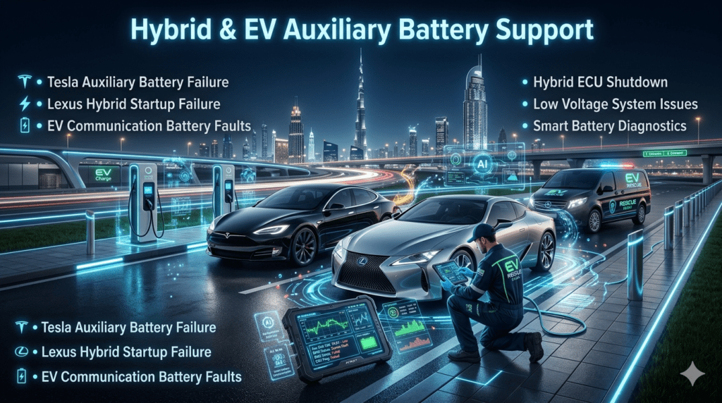 Hybrid & EV Auxiliary Battery Support Futuristic Dubai EV and hybrid roadside battery support showing technician diagnosing auxiliary battery and ECU systems with holographic AI tools.