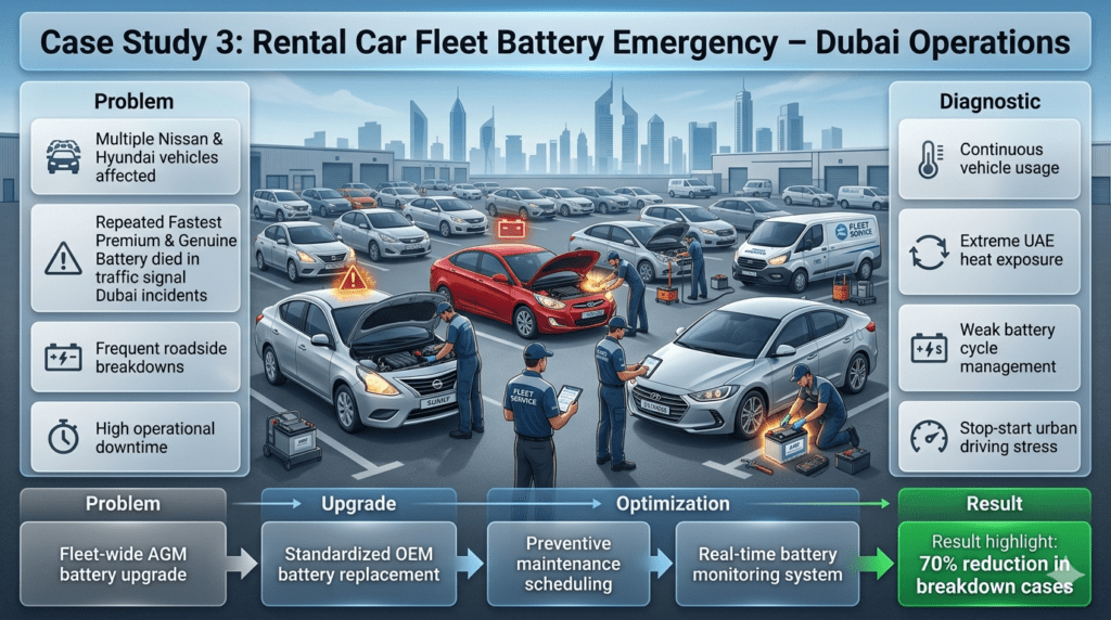 Rental car fleet battery failure case study in Dubai showing Nissan and Hyundai vehicles undergoing AGM battery upgrade to reduce breakdowns