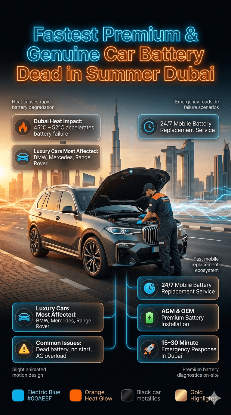 Luxury Dubai car battery replacement infographic showing emergency breakdown in extreme summer heat with mobile technician replacing battery in premium SUV