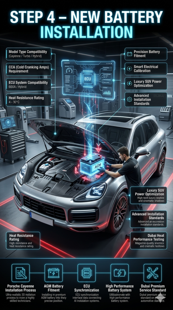Luxury Porsche Cayenne battery installation infographic showing AGM battery fitment, ECU compatibility, CCA requirements, and heat resistance rating in Dubai workshop environment.
