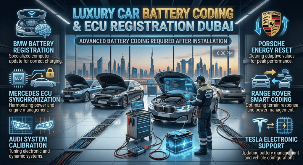 Premium roadside technician performing battery coding and ECU registration for luxury cars in Dubai including BMW, Mercedes, Audi, Porsche, Range Rover, Tesla with diagnostic tools.