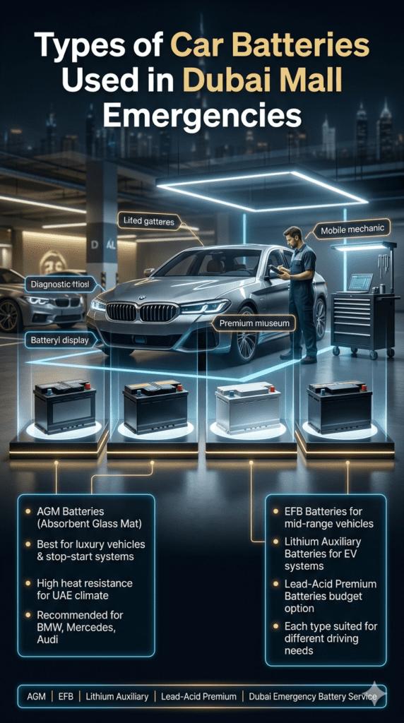 Infographic showing different car battery types used in Dubai mall emergencies including AGM, EFB, Lithium Auxiliary, and Lead-Acid batteries with luxury car service background.