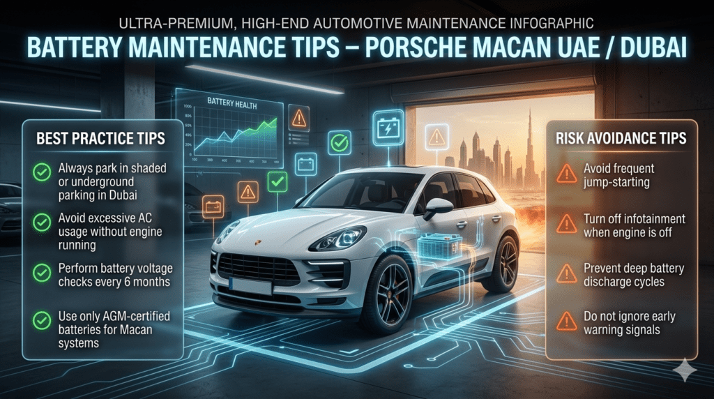 Luxury infographic showing Porsche Macan battery maintenance tips in UAE/Dubai including parking advice, voltage checks, AGM battery use, and safe usage practices.