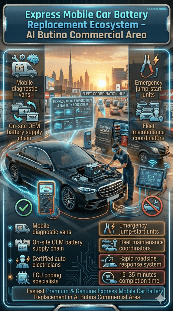 Mobile car battery replacement ecosystem showing diagnostic vans, technicians, ECU coding tools, and luxury car service in Al Butina Commercial Area UAE.