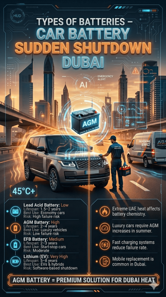 Types of Batteries Used in Car Battery Sudden Shutdown Dubai Cases Infographic showing different car battery types used in Dubai sudden shutdown cases, highlighting AGM, EFB, Lead Acid, and Lithium batteries with heat resistance and lifespan comparison.