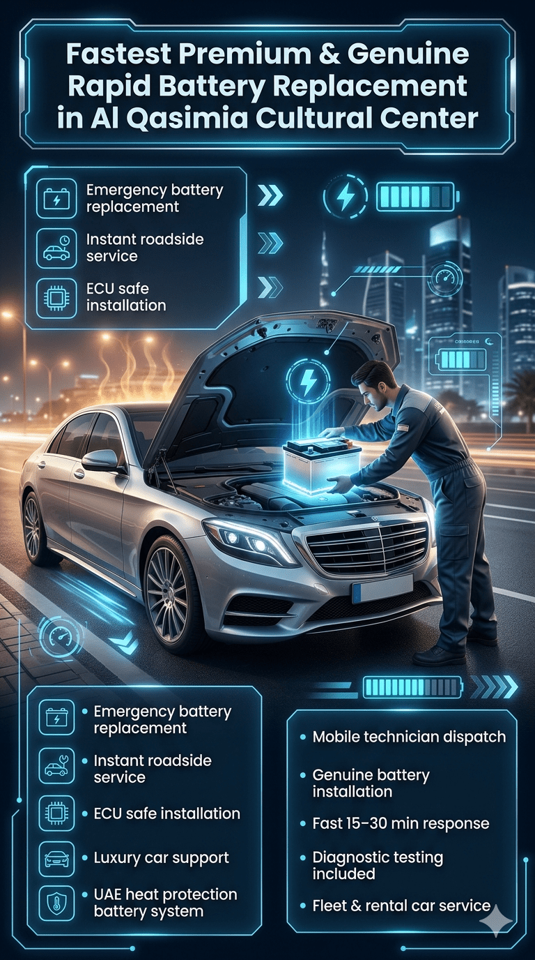 Luxury car battery replacement service infographic in Al Qasimia Cultural Center showing technician installing a premium battery with emergency roadside support and UAE automotive service highlights.
