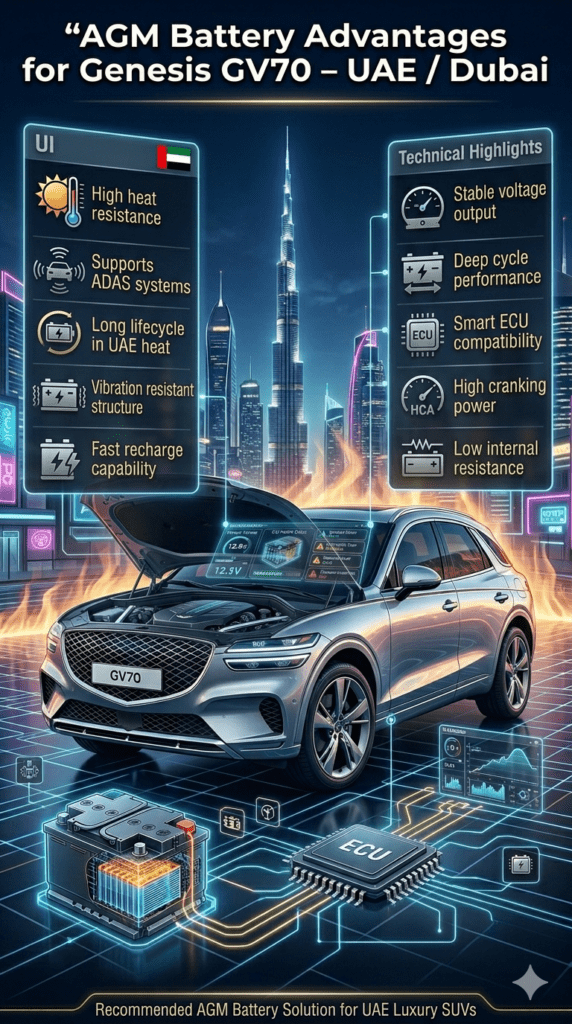 Luxury infographic showing Genesis GV70 SUV with AGM battery advantages in UAE Dubai conditions, highlighting heat resistance, ADAS support, fast recharge, vibration resistance, and long lifecycle in extreme climate.