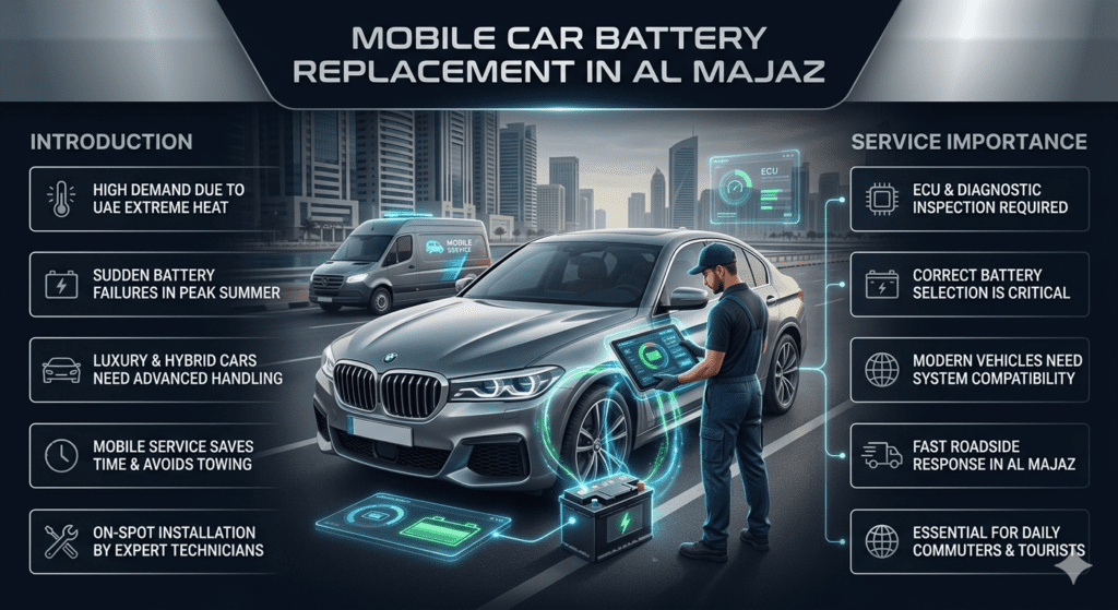 Luxury mobile car battery replacement infographic in Al Majaz showing roadside technician performing diagnostic inspection and battery installation for modern vehicles under UAE heat conditions.