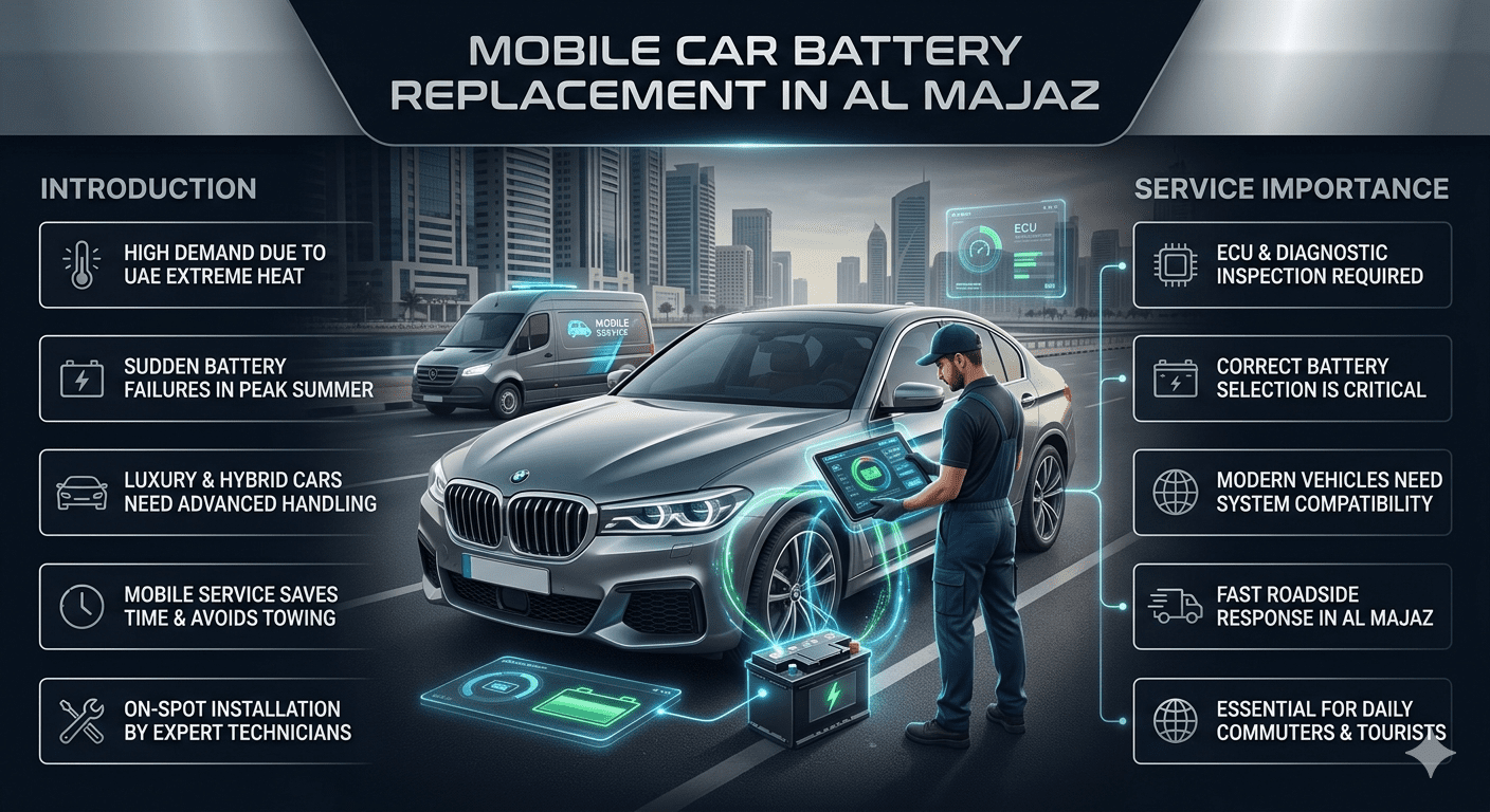 Luxury mobile car battery replacement infographic in Al Majaz showing roadside technician performing diagnostic inspection and battery installation for modern vehicles under UAE heat conditions.