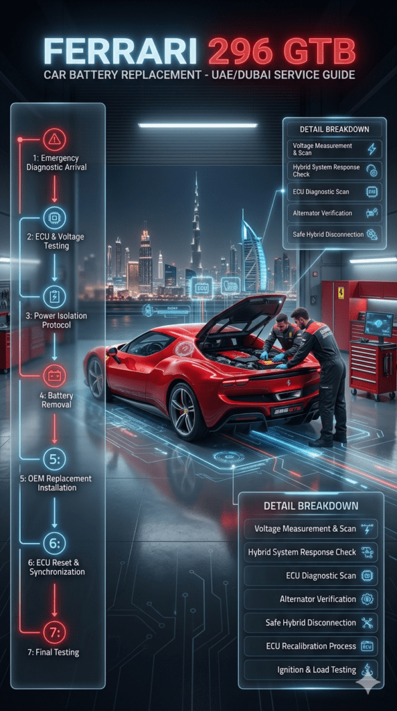 Ferrari 296 GTB step-by-step car battery replacement process in UAE Dubai showing emergency diagnostic arrival, ECU testing, power isolation, battery installation, and final system validation in a luxury automotive service infographic.