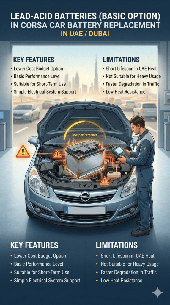Lead acid battery installation in Opel Corsa showing basic low cost option with short lifespan and heat limitations in UAE Dubai conditions