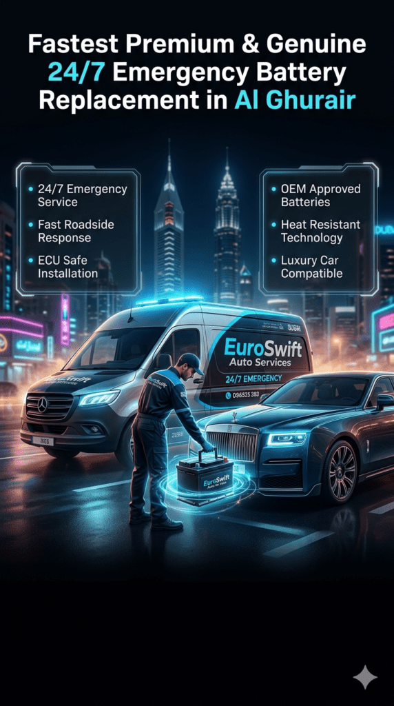 Fastest Premium & Genuine 24/7 Emergency Battery Replacement in Al Ghurair Dubai user guide poster showing mobile car battery service van, emergency roadside assistance, luxury vehicle battery replacement, and futuristic infographic layout with key service features.