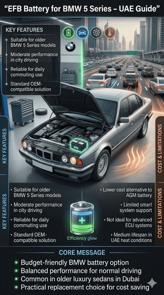 Infographic showing BMW 5 Series older model with EFB battery highlighted, explaining moderate performance, city driving suitability, lower cost alternative, and limited smart system support in UAE conditions.