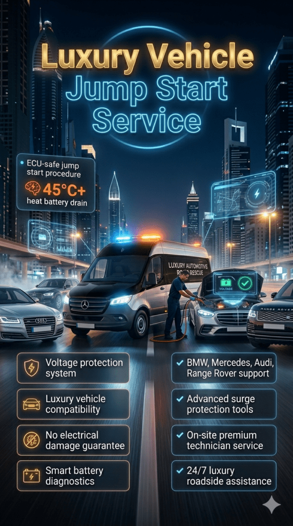 Luxury vehicle jump start service in Dubai showing technician using ECU-safe equipment to restart BMW, Mercedes, Audi, and Range Rover cars with premium city skyline background and infographic service highlights.