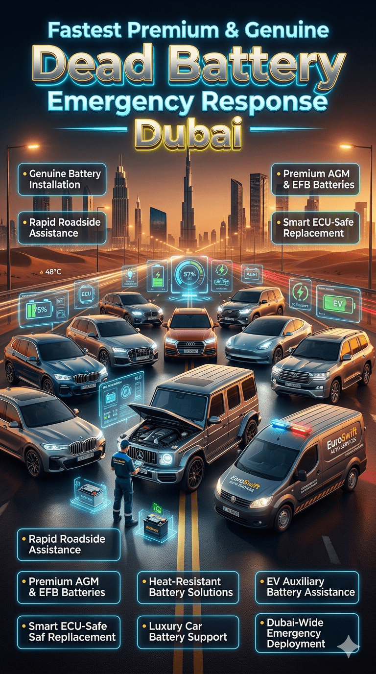 Luxury Dubai roadside emergency battery replacement service infographic showing premium SUV, technician replacing dead battery, futuristic AI diagnostic visuals, and emergency response highlights across Dubai UAE.