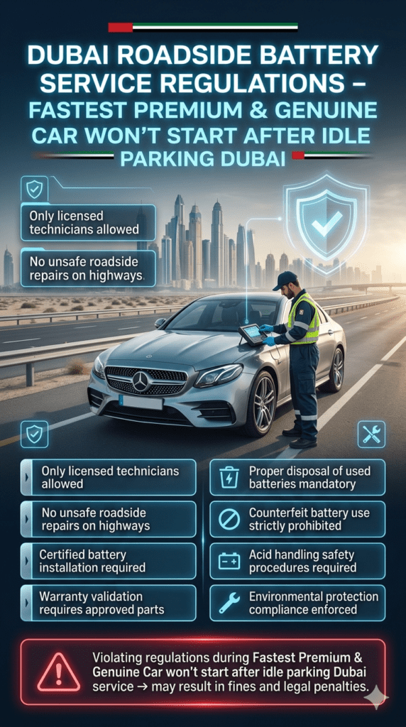 Infographic showing Dubai roadside car battery service regulations with licensed technician, luxury car, safety compliance icons, and legal warning rules for battery replacement services.