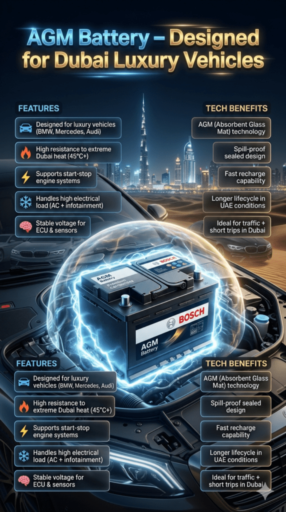 Premium AGM car battery infographic showing heat-resistant technology designed for Dubai luxury vehicles, with features like start-stop support, ECU stability, and high temperature resistance in a futuristic automotive design.