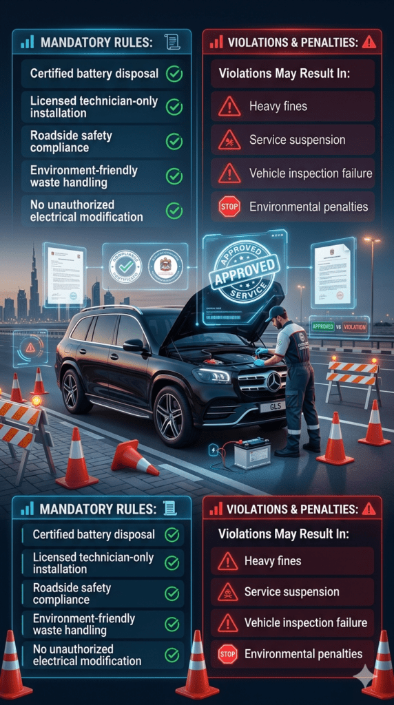 Legal rules and violations infographic for high-speed car battery replacement in Al Layyah East showing UAE compliance requirements, certified disposal, technician rules, and penalties.
