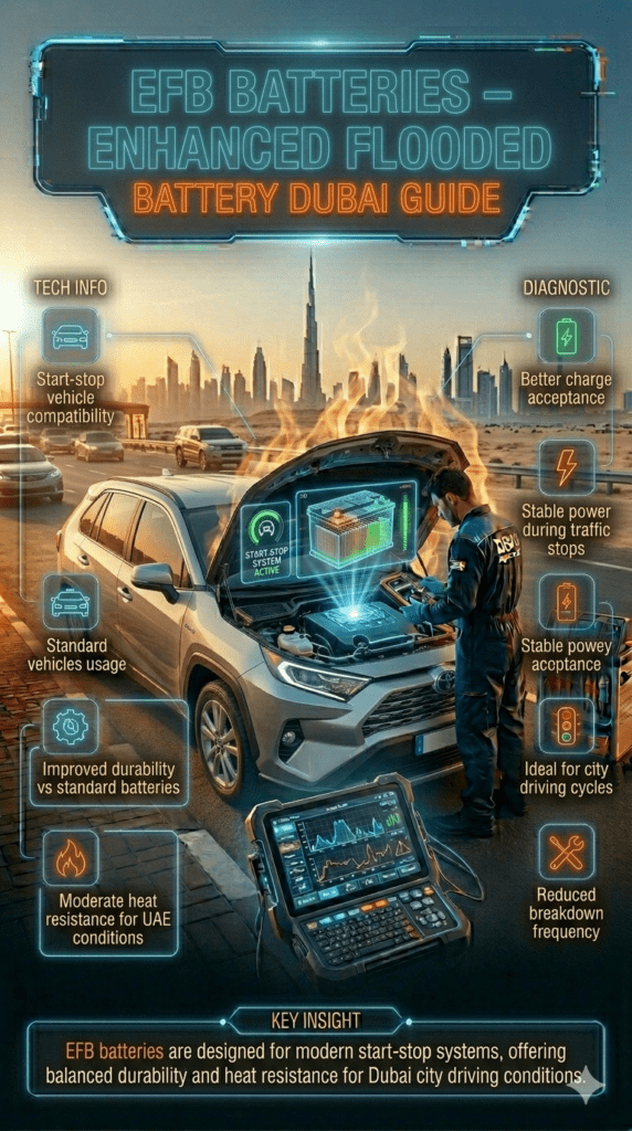 EFB car battery diagnostic scene in Dubai showing start-stop vehicle battery cutaway with improved durability and moderate heat resistance, inspected by mobile technician in urban traffic conditions.