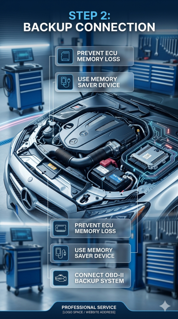 Premium automotive infographic showing “Power Backup Connection” step with ECU memory saver and OBD-II backup system for preventing car ECU data loss during battery replacement.