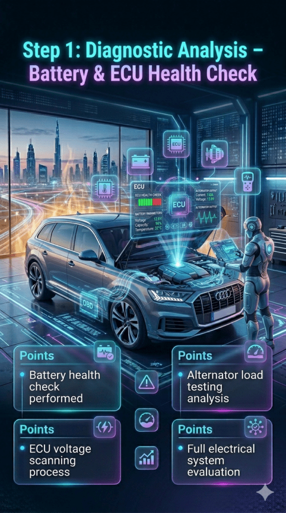 Premium infographic showing Step 1 Diagnostic Analysis for Audi Q7 battery replacement in UAE, including battery health check, ECU voltage scanning, and alternator load testing in a high-tech workshop.