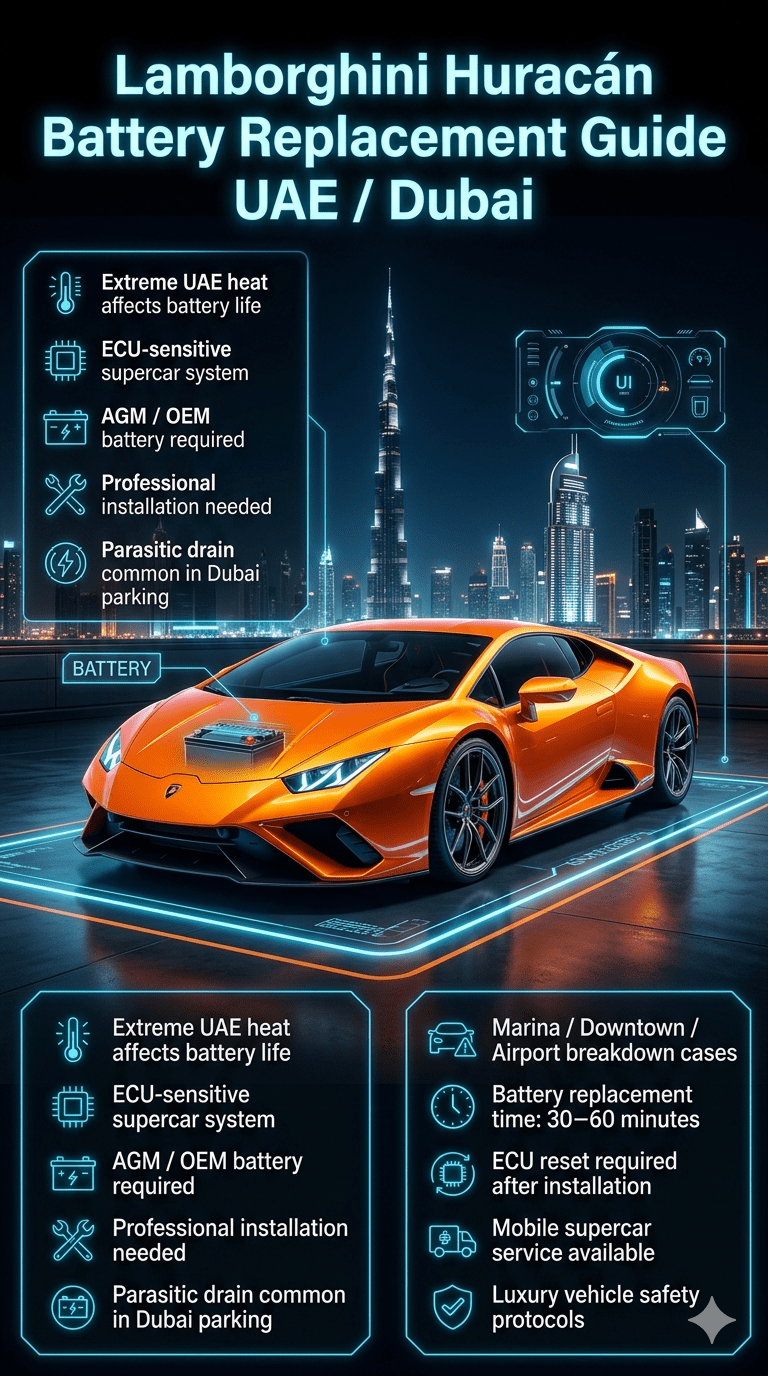A futuristic Lamborghini Huracán parked in a luxury Dubai garage with a cinematic city skyline background, surrounded by glowing infographic panels explaining car battery replacement steps, ECU systems, and UAE heat impact.