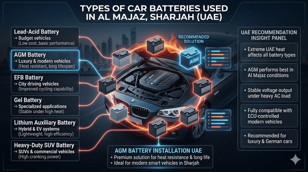Infographic showing different car battery types used in Al Majaz including Lead-Acid, AGM, EFB, Gel, Lithium, and Heavy-Duty SUV batteries with recommendation of AGM for UAE heat conditions and modern ECU vehicles.