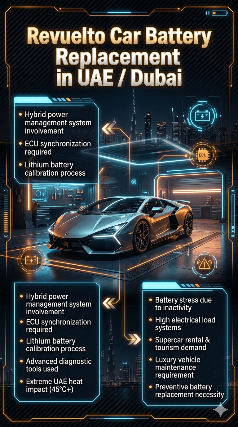 Luxury infographic showing Lamborghini Revuelto in a futuristic Dubai garage with battery replacement technical points displayed on both sides in a high-tech neon UI style.