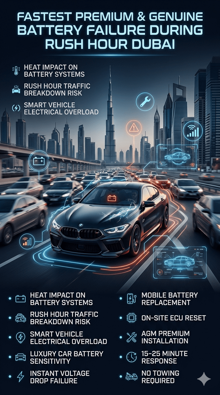 Luxury car battery failure during rush hour in Dubai showing emergency roadside assistance, mobile battery replacement, and heat-related breakdown infographic with Dubai skyline background.
