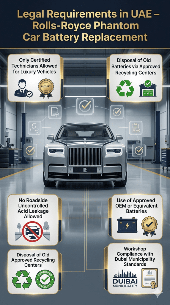 Luxury infographic showing Rolls-Royce Phantom battery replacement legal requirements in UAE with certified technicians, OEM battery use, and recycling compliance standards.