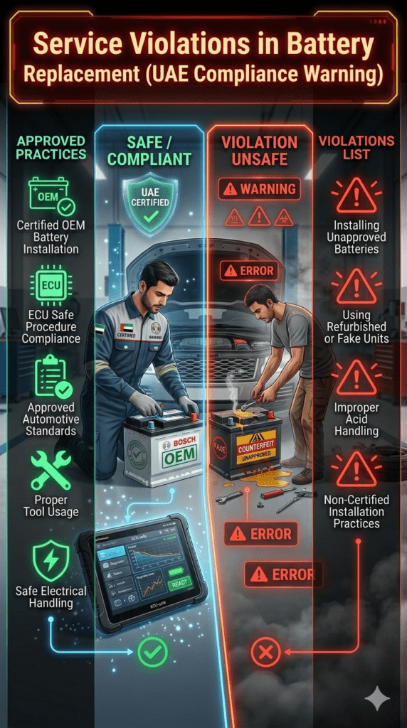 UAE Battery Service Violations – Unsafe Car Battery Installation Practices Warning Guide Split infographic showing safe certified car battery installation versus unsafe practices including fake batteries, improper acid handling, and non-certified technicians in UAE compliance warning format.