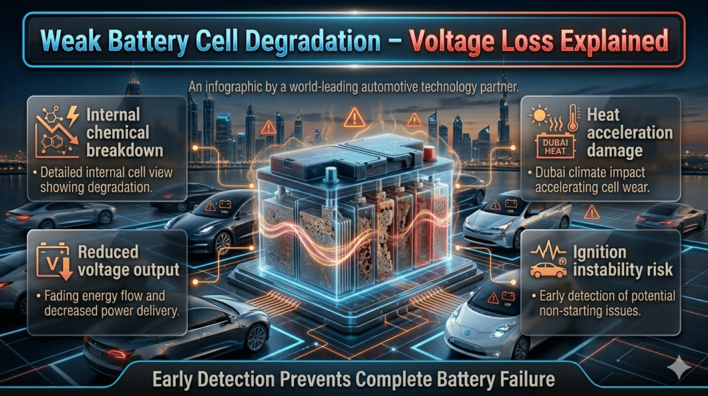 Car battery internal cell degradation infographic showing chemical breakdown, voltage loss, and weak battery performance in Dubai heat conditions