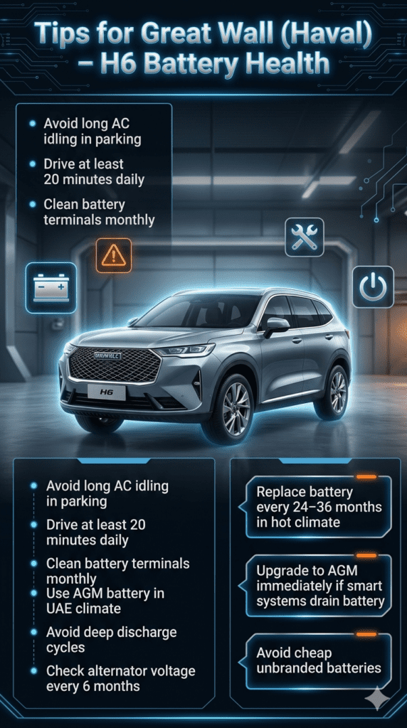 Premium infographic showing Great Wall H6 battery maintenance tips and expert advice with a futuristic automotive design and central SUV image.