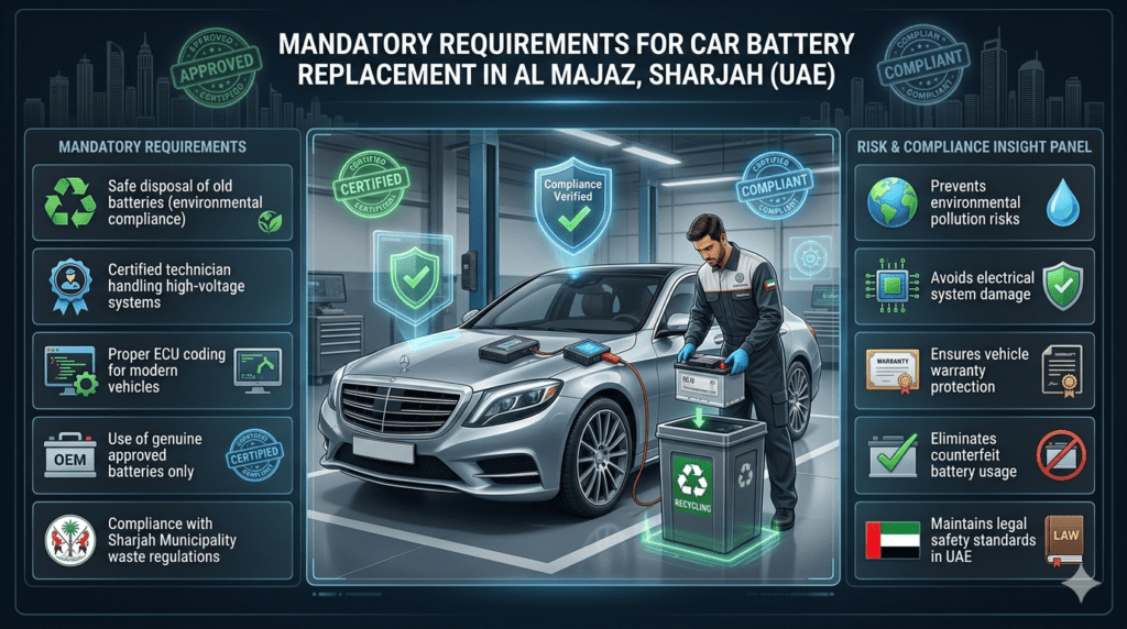 Infographic showing mandatory legal requirements for car battery replacement in Al Majaz including safe disposal, certified technicians, ECU coding, genuine batteries, and Sharjah Municipality compliance regulations.
