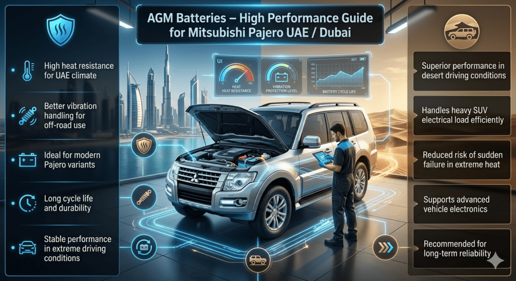 AGM battery infographic for Mitsubishi Pajero in UAE Dubai showing high heat resistance, off-road vibration protection, and long cycle life in luxury SUV automotive guide design