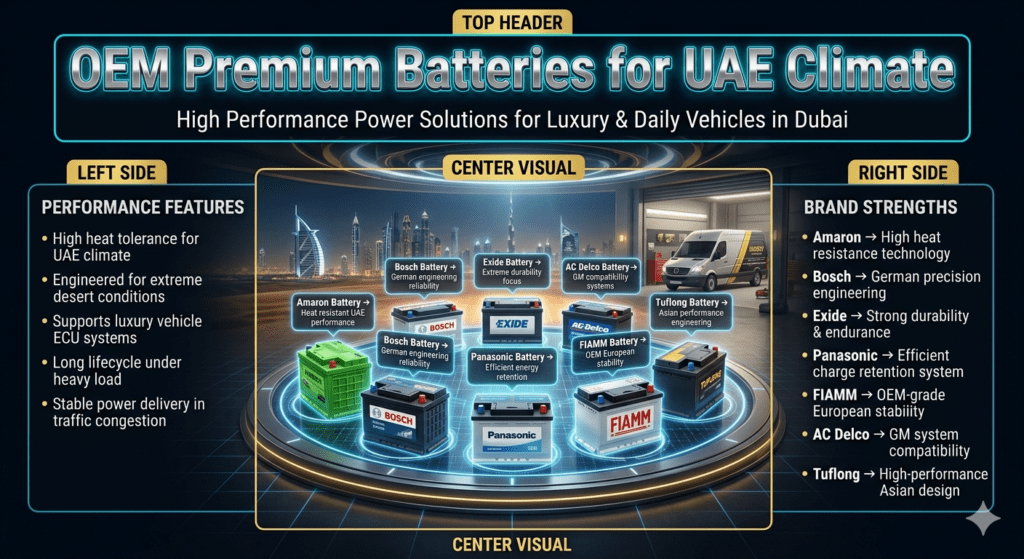Premium infographic showing OEM car batteries including Amaron, Bosch, Exide, Panasonic, FIAMM, AC Delco, and Tuflong designed for Dubai climate with luxury automotive performance and heat resistance features.