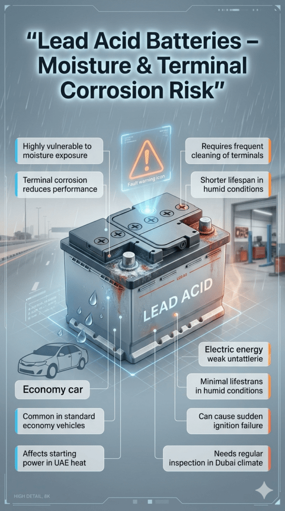Lead acid car battery infographic showing moisture damage and terminal corrosion risk in standard vehicles with automotive maintenance guide for Dubai conditions.
