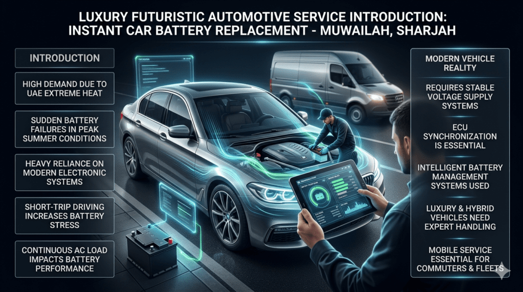 Luxury infographic showing instant mobile car battery replacement in Muwailah with technician performing on-site installation, diagnostic scanning, and modern vehicle electrical system checks under UAE heat conditions.