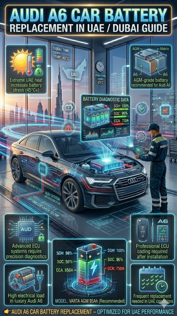 Premium infographic showing Audi A6 Car Battery Replacement in UAE / Dubai with luxury sedan in Dubai garage, highlighting ECU systems, heat impact, and AGM battery requirements.