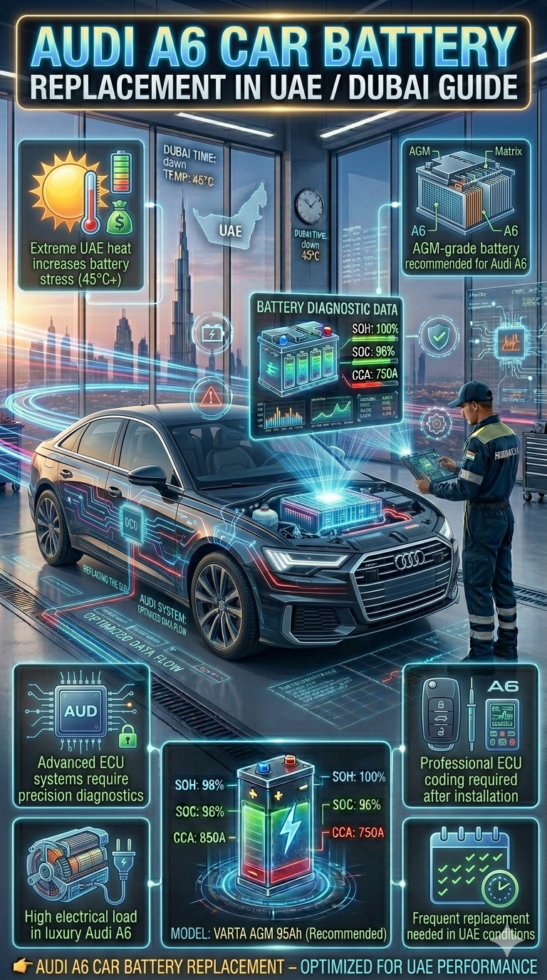 Premium infographic showing Audi A6 Car Battery Replacement in UAE / Dubai with luxury sedan in Dubai garage, highlighting ECU systems, heat impact, and AGM battery requirements.