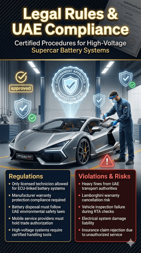 Futuristic compliance infographic showing Lamborghini Revuelto in a certified Dubai workshop with UAE legal rules, technician licensing, and safety regulations for battery replacement.
