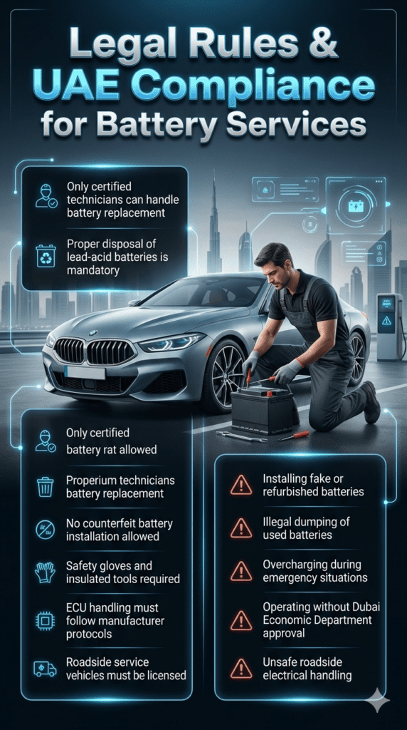 Infographic showing UAE legal rules and compliance guidelines for car battery services in Dubai, featuring a technician replacing a luxury car battery with safety equipment, alongside compliance rules and violation warnings.