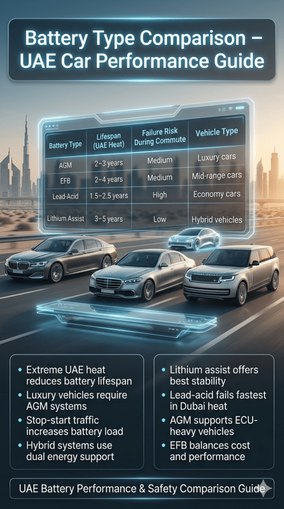 Battery type comparison table showing AGM, EFB, lead-acid, and lithium assist car batteries with lifespan and failure risk in UAE heat conditions.