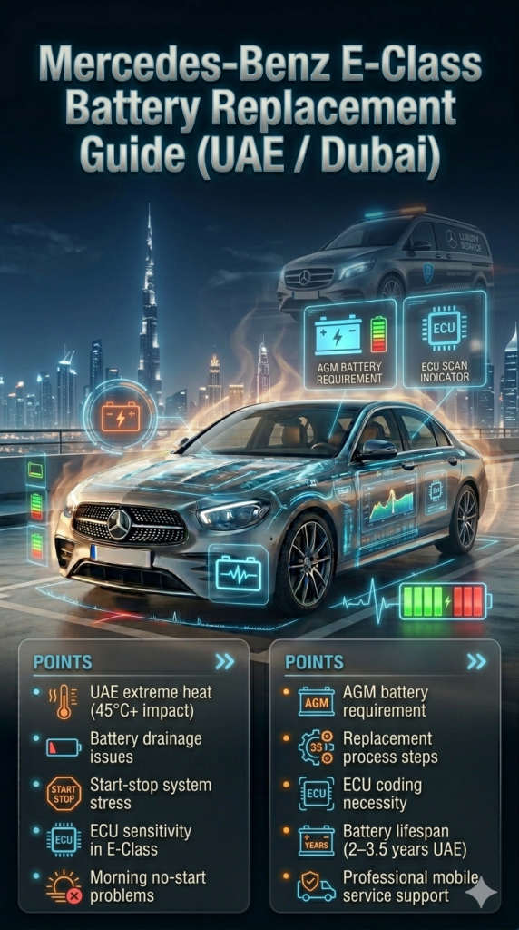 Mercedes-Benz E-Class luxury sedan infographic showing car battery replacement guide in UAE Dubai heat conditions with maintenance tips, warning signs, and diagnostic system overview in a premium automotive design.