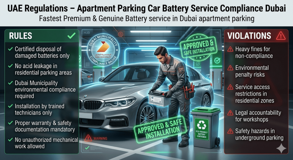 Dubai apartment parking scene showing certified technician installing car battery with UAE compliance rules, eco-safe disposal container, and regulatory warning and approval indicators.