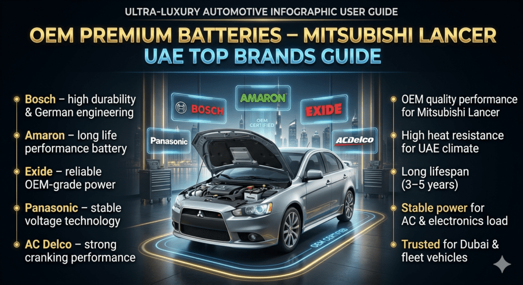 Mitsubishi Lancer in Dubai showroom with OEM premium battery brands (Bosch, Amaron, Exide, Panasonic, AC Delco) displayed as floating holographic logos around engine bay.