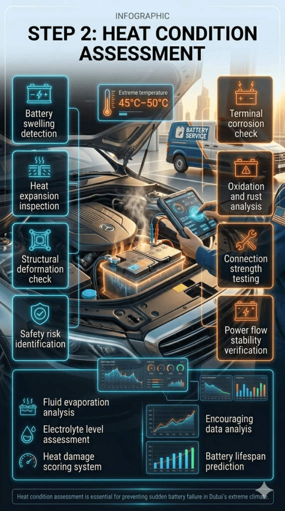 Automotive diagnostic infographic showing heat condition assessment of a car battery in Dubai, including swelling detection, terminal corrosion check, and fluid evaporation analysis inside a modern engine bay with technician inspection.